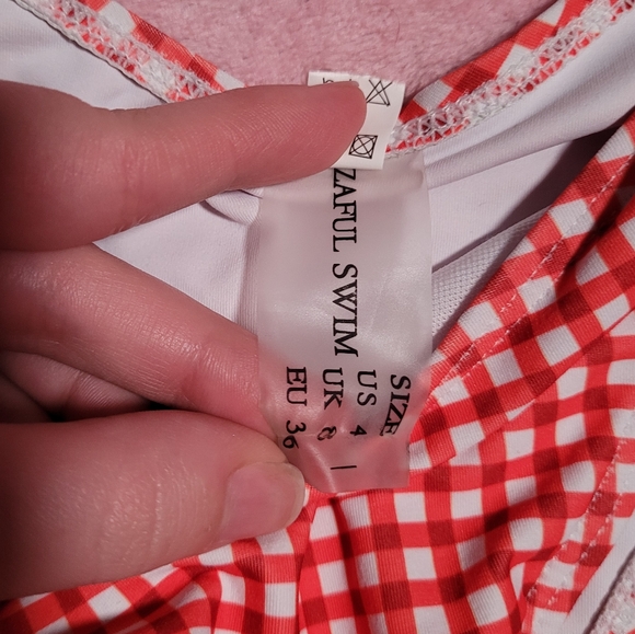 Zaful Swim Gingham Bikini Red White Women's Size 4 S Small High Rise Tied Bow - Picture 3 of 6